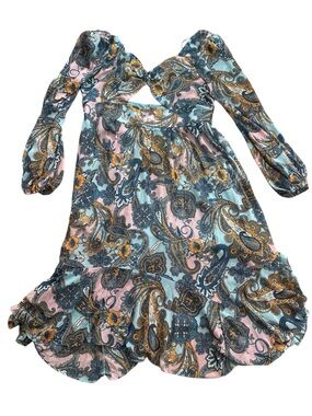 Boho Paisley Dress Long Sleeve Flowy Blue Pink Size 3X